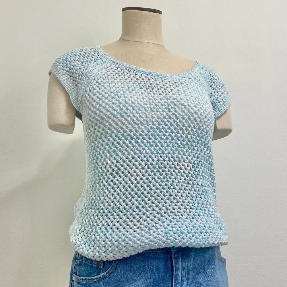 albots Light Blue Crochet Knit Short Sleeve Top | Open Weave Pullover Blouse